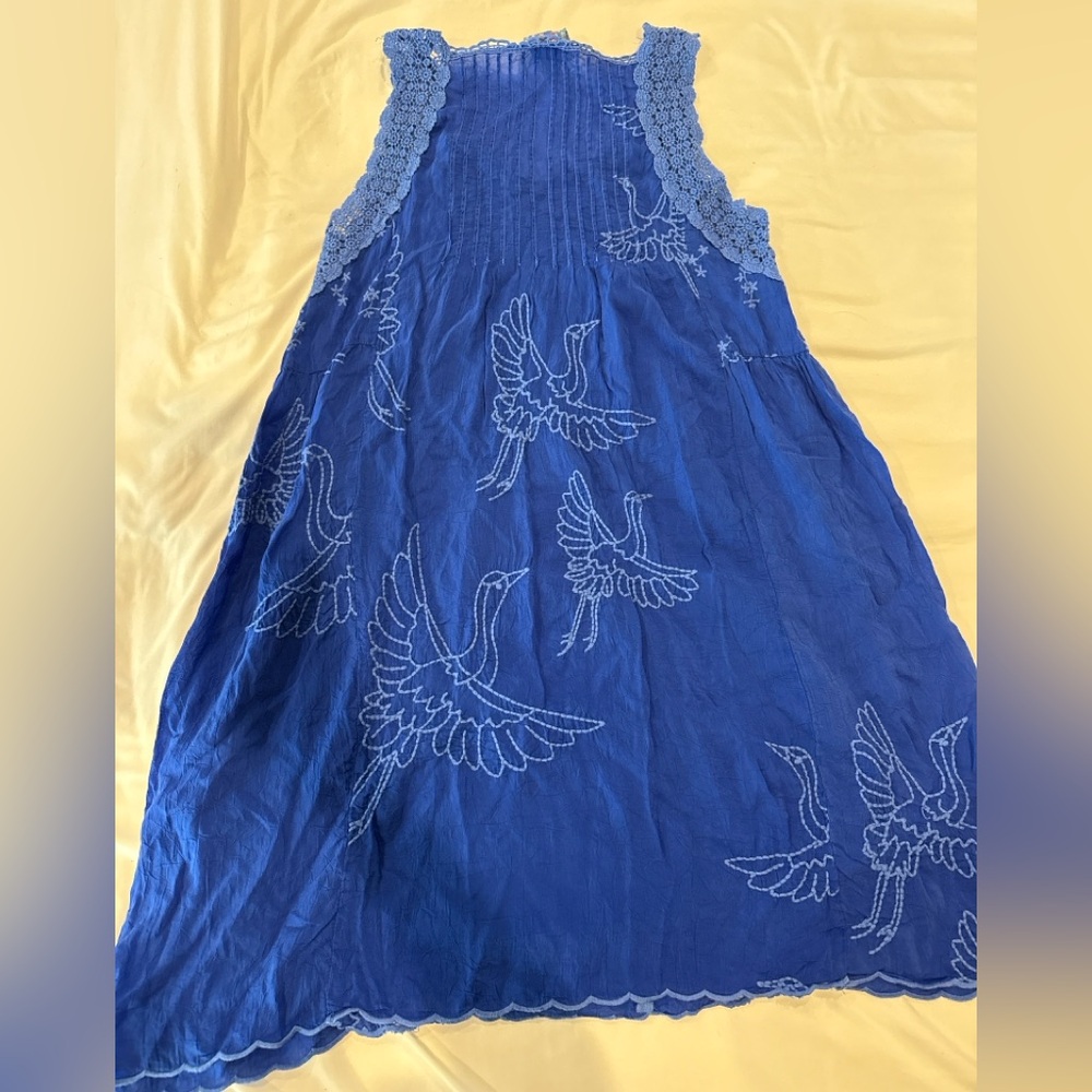 Johnny Was Blue Embroidered Flying Crane Sleeveless Dress Lace Boho Size S